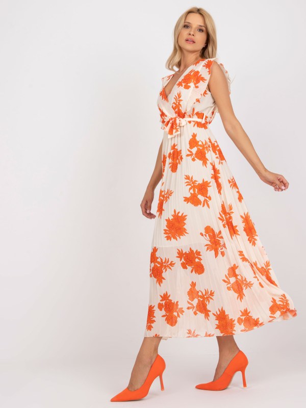 Béžové a oranžové dlouhé plisované šaty s potisky - Dámské oblečení šaty