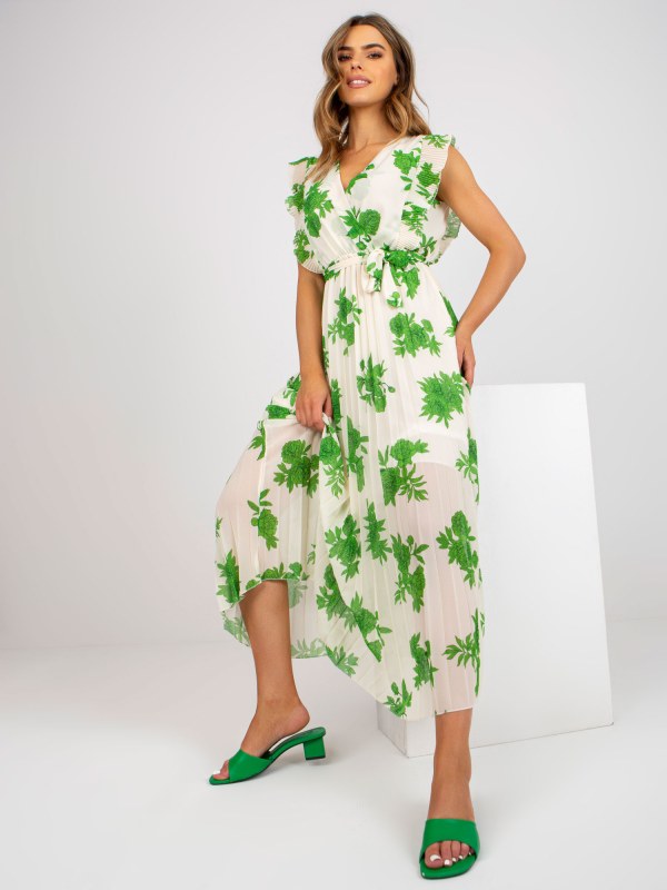 Dlouhé, béžové a zelené šaty s potisky a páskem - Dámské oblečení šaty