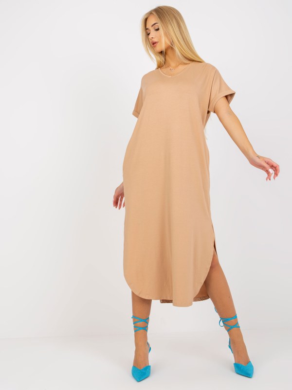 Oversize velbloudí šaty s krátkým rukávem OH BELLA - Dámské oblečení šaty