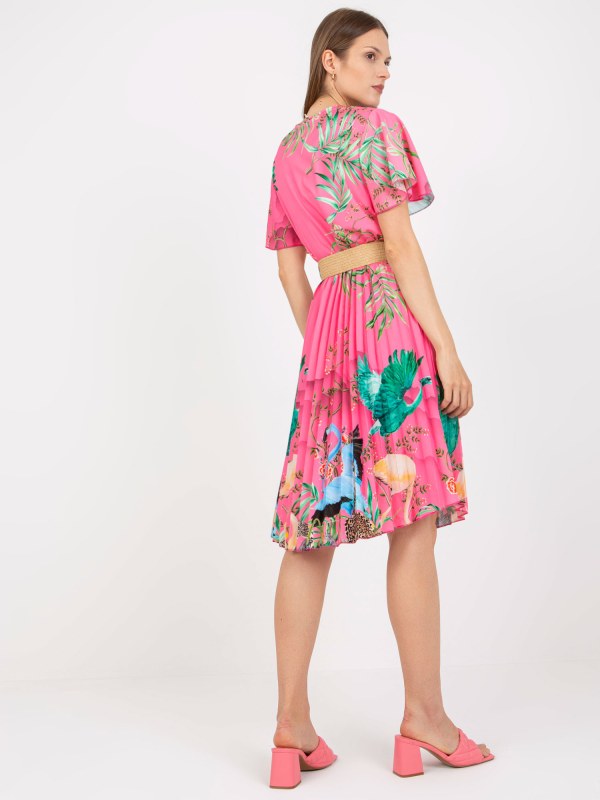 Růžové letní šaty s potiskem a řasením - Dámské oblečení šaty