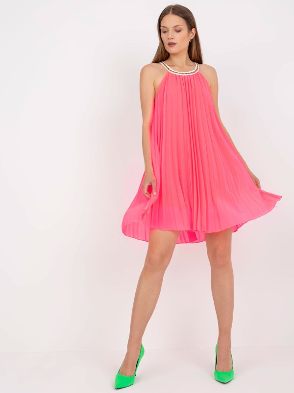 Fluo růžové plisované šaty jedné velikosti s ramínky - Dámské oblečení šaty
