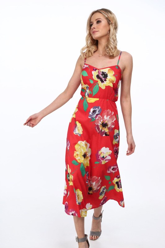Červené letní šaty s květinami na každý den - Dámské oblečení šaty