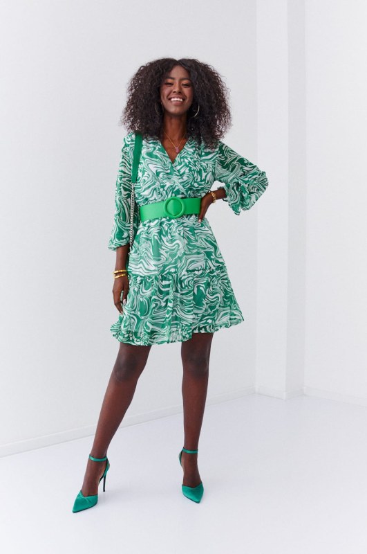 Zelené šifonové šaty s širokým páskem - Dámské oblečení šaty