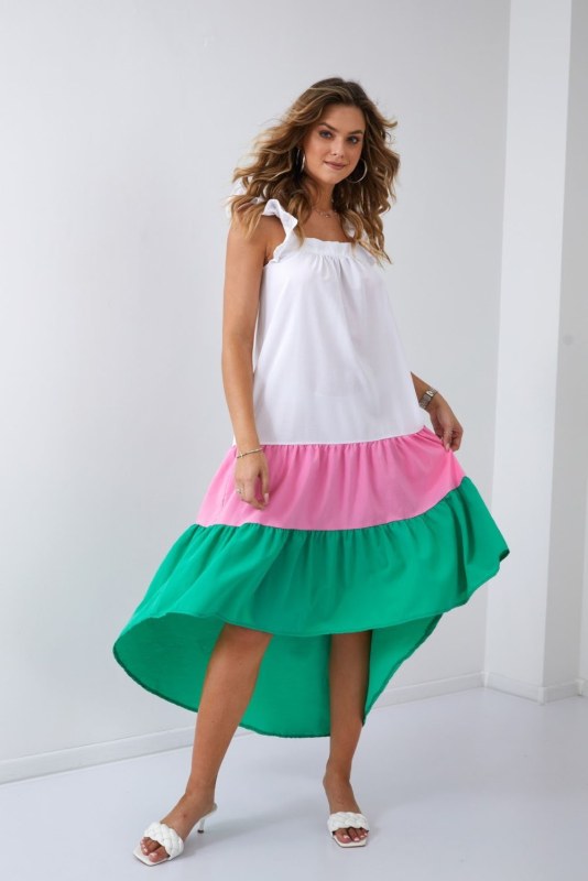 Letní šaty na ramínka s delšími zády v růžové a zelené barvě - Dámské oblečení šaty