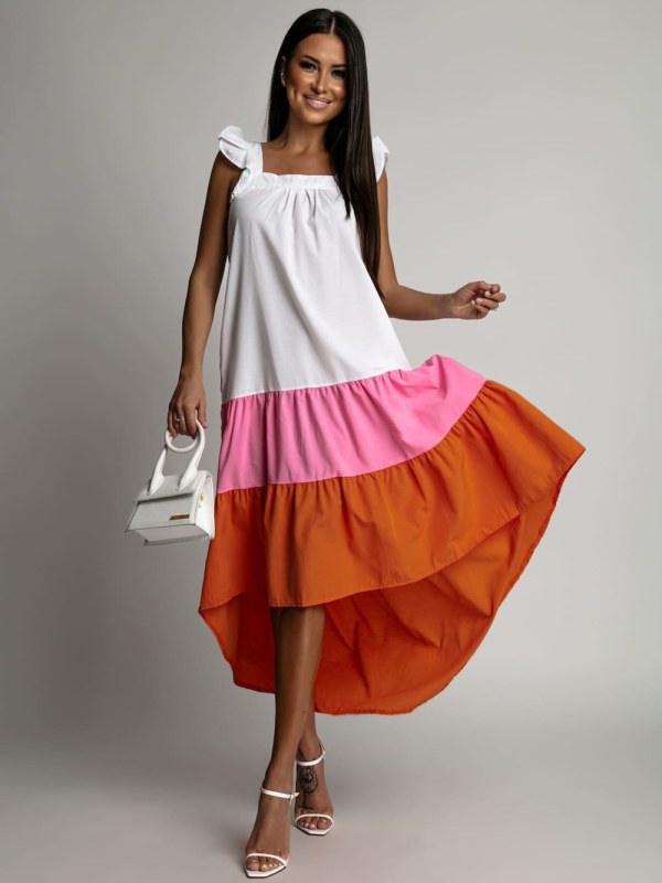 Letní šaty na ramínka s delšími zády, růžové a oranžové - Dámské oblečení šaty