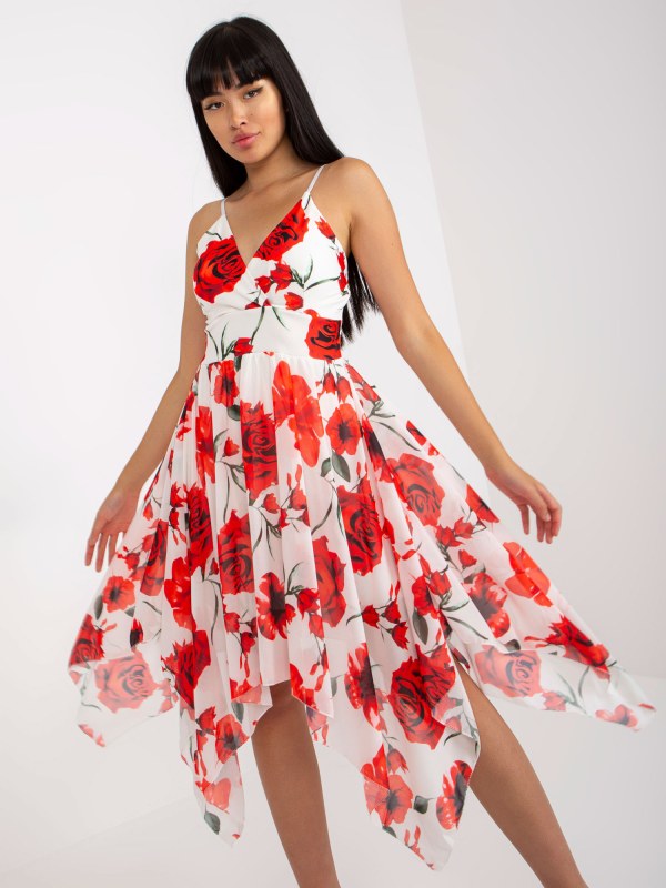 Bílé a červené šaty s květinovými ramínky - Dámské oblečení šaty