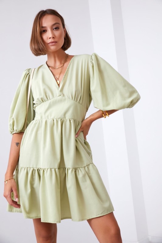 Šaty do pasu s nabíranými rukávy v olivově zelené barvě - Dámské oblečení šaty