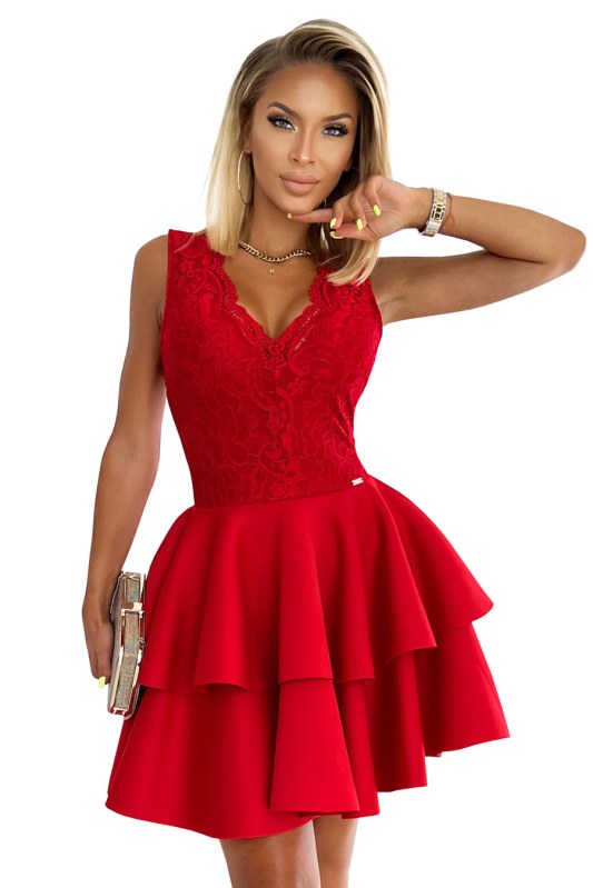 Dámské šaty s krajkovým výstřihem a dvojitou sukní Numoco ZLATA - červené - Dámské oblečení šaty