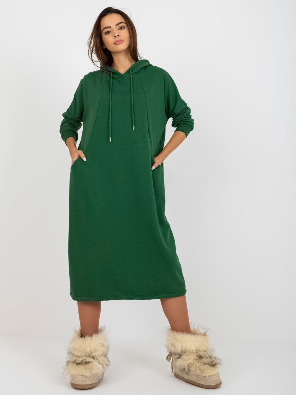 Tmavě zelené midi sportovní basic oversize šaty - Dámské oblečení šaty