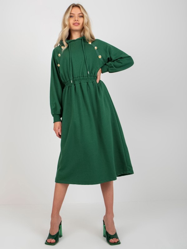 Tmavě zelené rozevláté mikinové šaty s kapucí - Dámské oblečení šaty