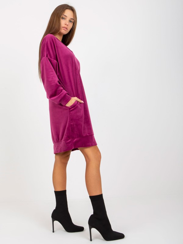 Fialové volné velurové šaty s kapsami z RUE PARIS - Dámské oblečení šaty