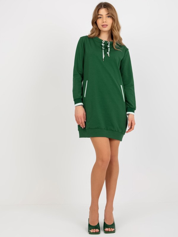 Dámské krátké mikinové basic šaty s kapsami - zelené - šaty
