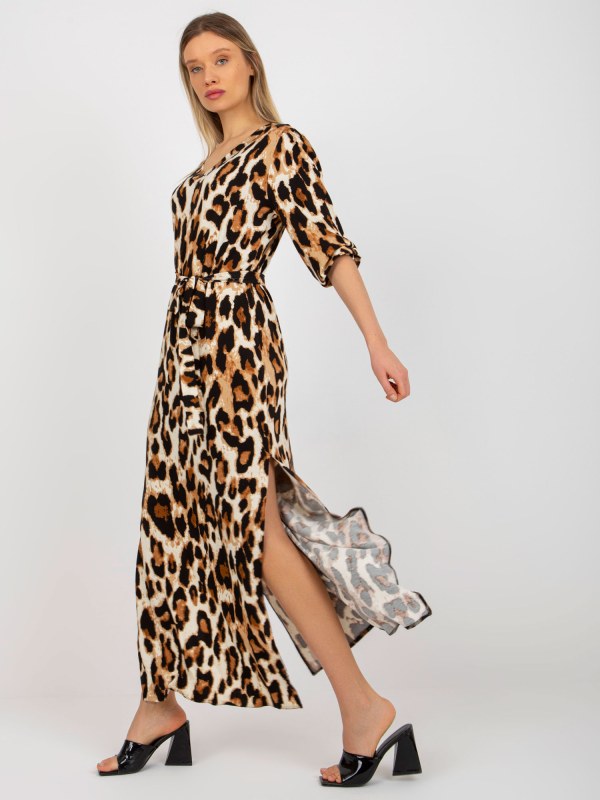 Béžové a černé midi šaty s leopardím vzorem s kravatou - šaty