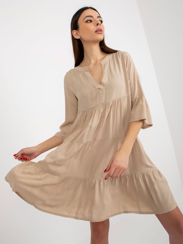 Béžové volné šaty s volánem a 3/4 rukávy SUBLEVEL - Dámské oblečení šaty