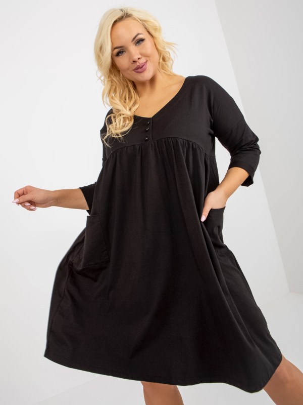 Černé mikinové šaty plus size basic s kapsami - Dámské oblečení šaty