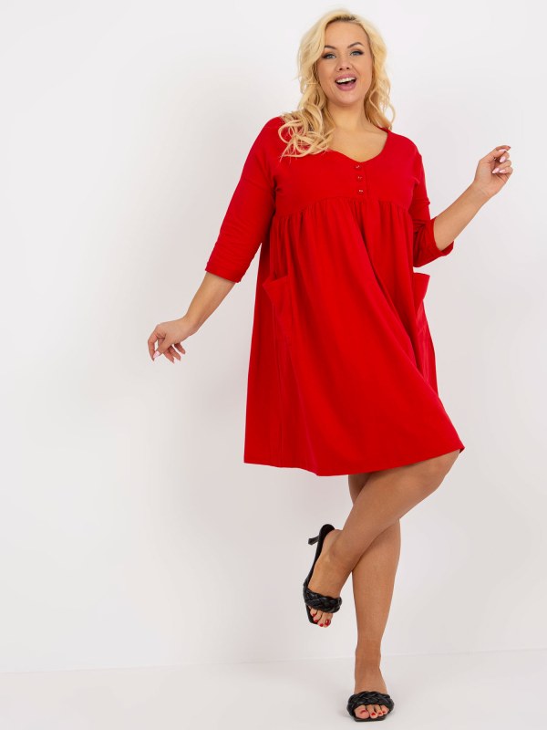 Červené mikinové šaty plus size basic s kapsami - Dámské oblečení šaty