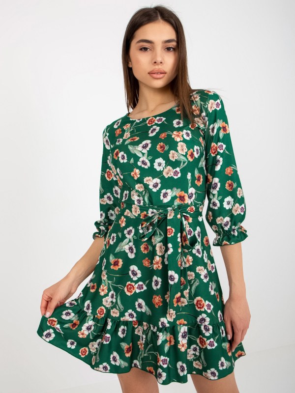 Zelené rozevláté šaty s květinami s volánkem - Dámské oblečení šaty