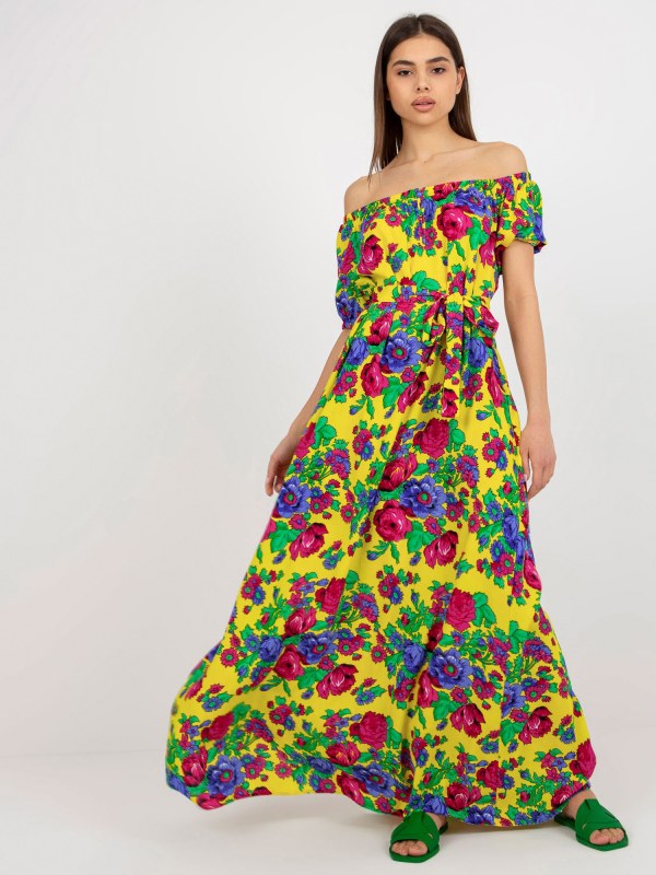 Žluté španělské květinové maxi šaty s páskem - Dámské oblečení šaty