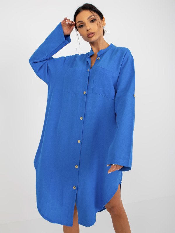 Modré košilové šaty OCH BELLA s kapsami - Dámské oblečení šaty
