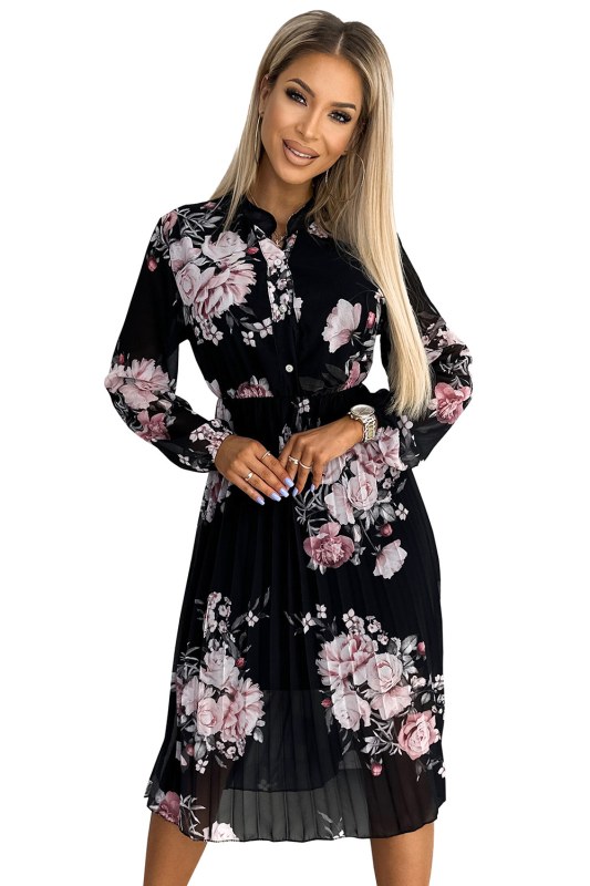 Plisované midi šaty s knoflíky a dlouhým rukávem Numoco CARLA - černé s květy - Dámské oblečení šaty