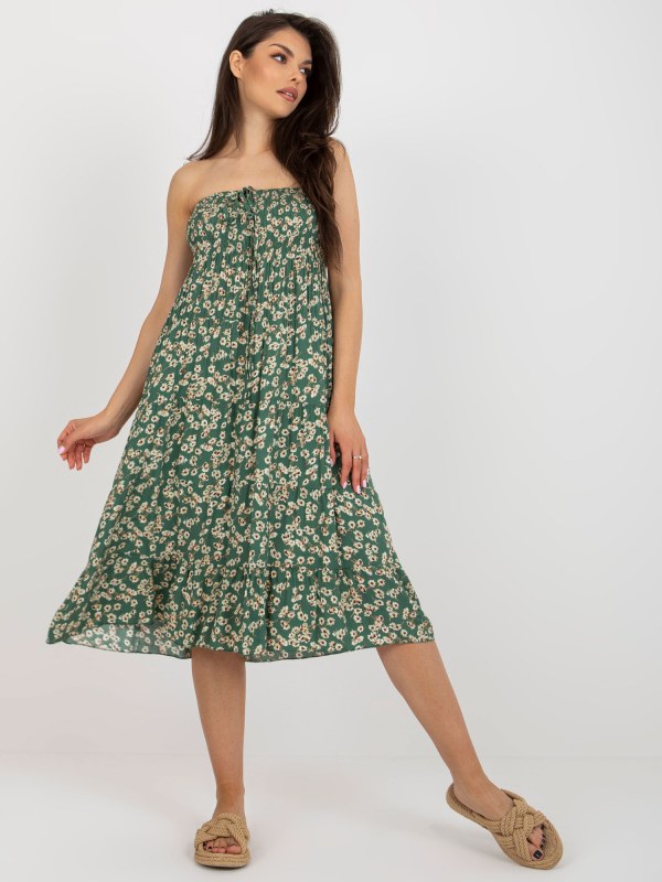 Tmavě zelené květované midi šaty bez ramínek - Dámské oblečení šaty