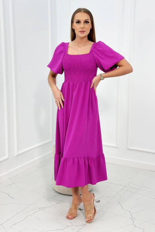 Šaty s řaseným výstřihem tmavě fialové barvy - Dámské oblečení šaty