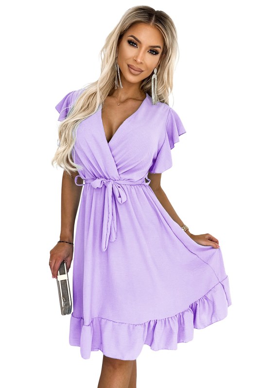Šaty s volánkem, výstřihem a vázáním Numoco CORNELIA - fialkové - Dámské oblečení šaty