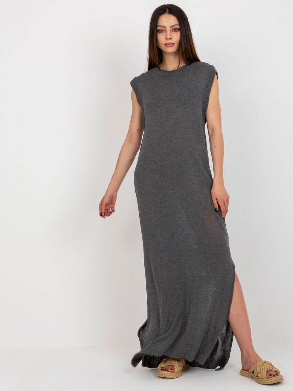 Tmavě šedé pletené šaty s kulatým výstřihem - Dámské oblečení šaty