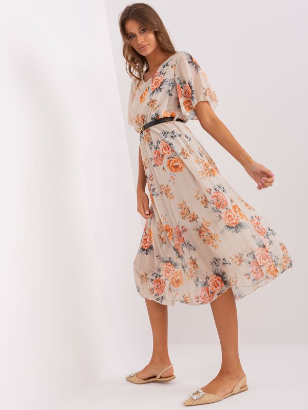 Béžové květované midi šaty s páskem - Dámské oblečení šaty