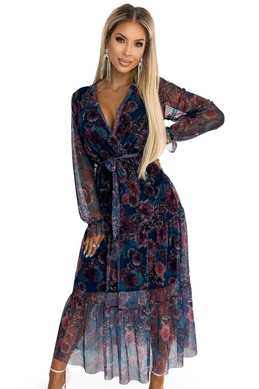 Šaty s výstřihem a dlouhým rukávem Numoco ENRICA - tmavě modré s květy - Dámské oblečení šaty