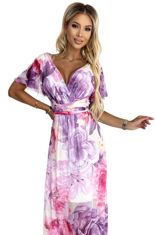 Šaty s výstřihem Numoco CINZIA - fialovo-růžové květiny - Dámské oblečení šaty