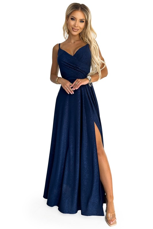 Elegantní maxi šaty na ramínka Numoco CHIARA - tmavě modré se třpytkami - Dámské oblečení šaty