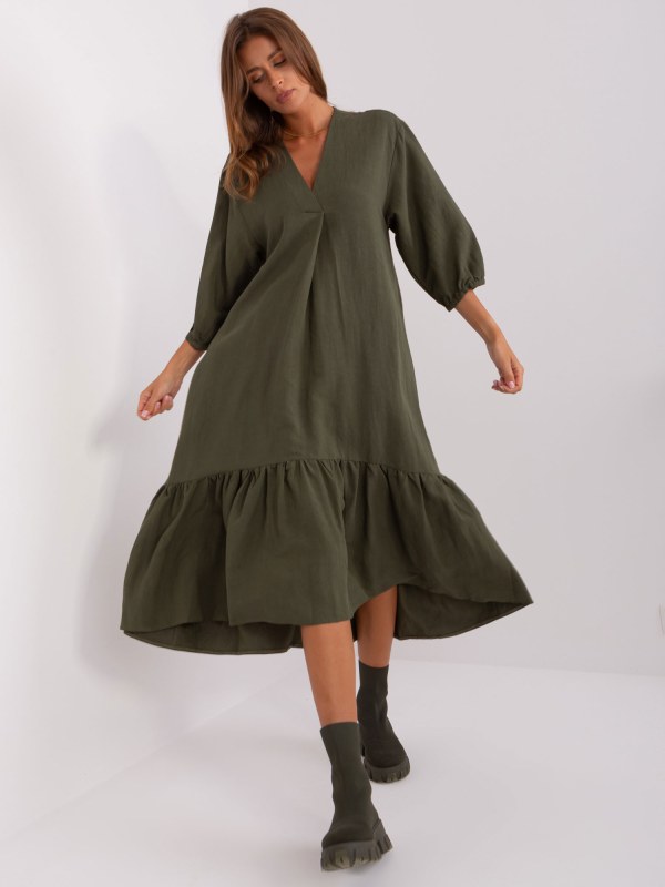 Khaki midi šaty s volánkem ZULUNA - Dámské oblečení šaty