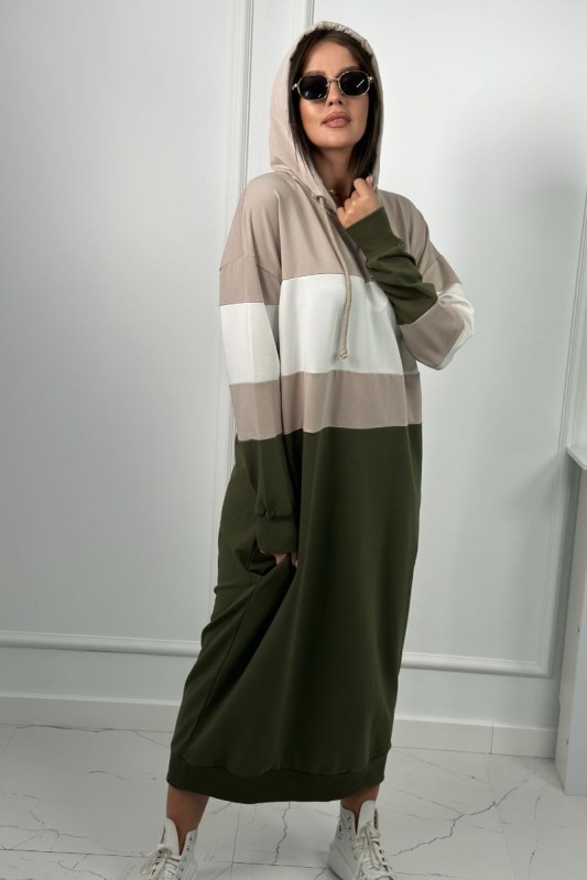 Tříbarevné šaty s kapucí béžová + ecru + khaki - Dámské oblečení šaty