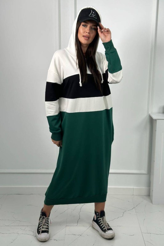 Tříbarevné šaty s kapucí ecru + černá + tmavě zelená - Dámské oblečení šaty
