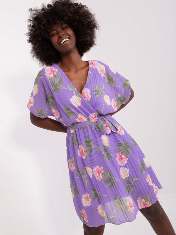 Světle fialové květované šaty s páskem - Dámské oblečení šaty