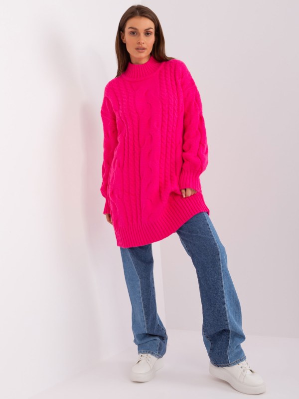 Fluo růžové pletené šaty s copánky - Dámské oblečení šaty