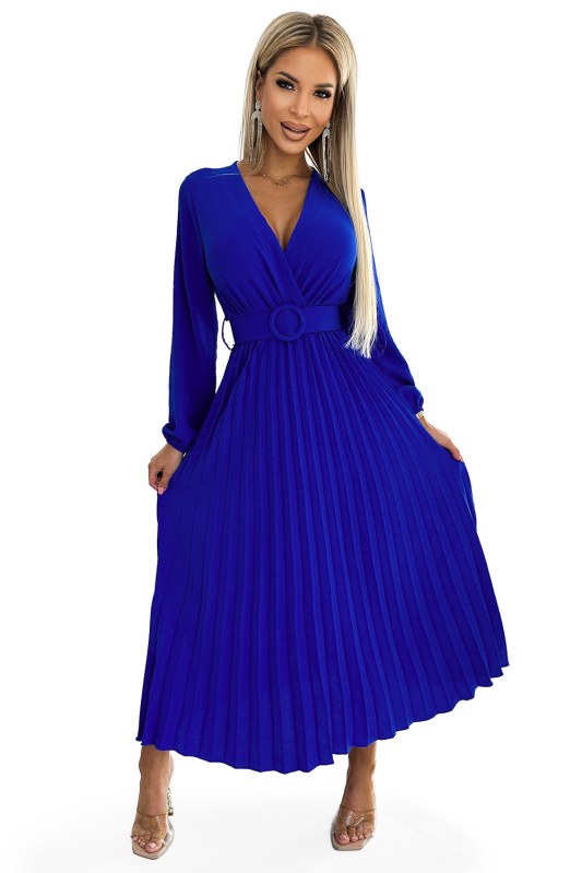 Plisované midi šaty s výstřihem, dlouhými rukávy a širokým páskem Numoco VIVIANA - chrpově modré - Dámské oblečení šaty