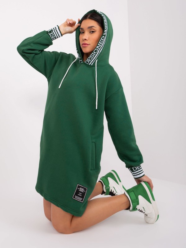 Tmavě zelené mikinové šaty s kapucí - Dámské oblečení šaty