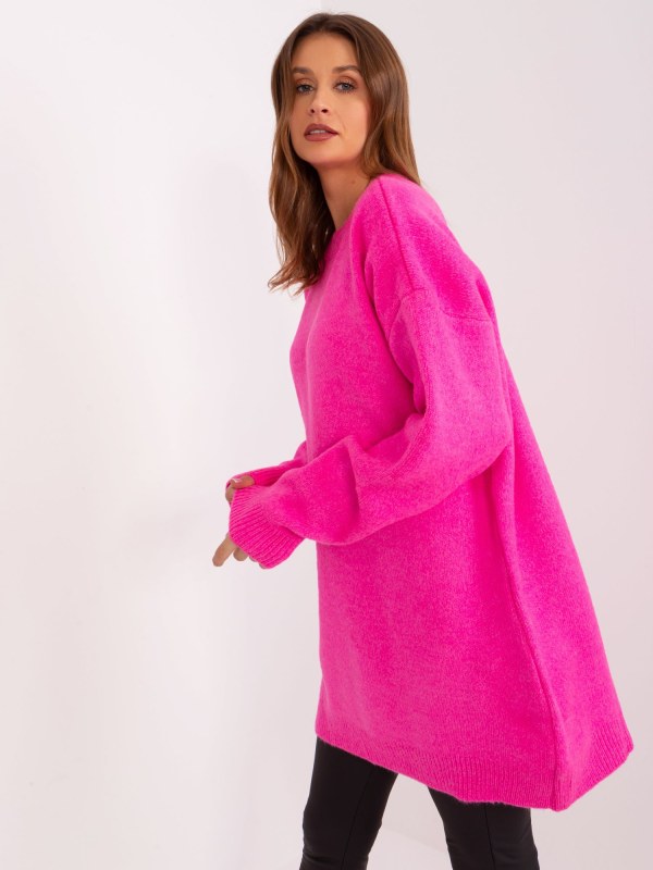Fluo růžové pletené šaty s kulatým výstřihem RUE PARIS - Dámské oblečení šaty