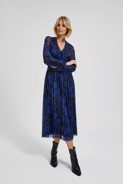 Modré šaty s květinovým potiskem - Dámské oblečení šaty
