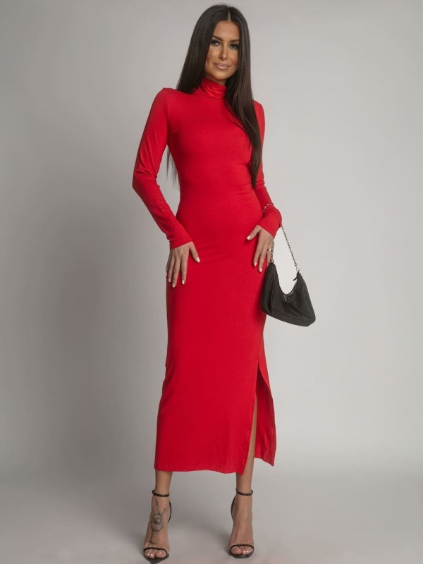 Hladké šaty s dlouhým rukávem a červeným rolákem - Dámské oblečení šaty