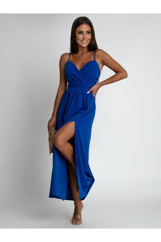 Chrpově modré maxi šaty s ramínky - Dámské oblečení šaty