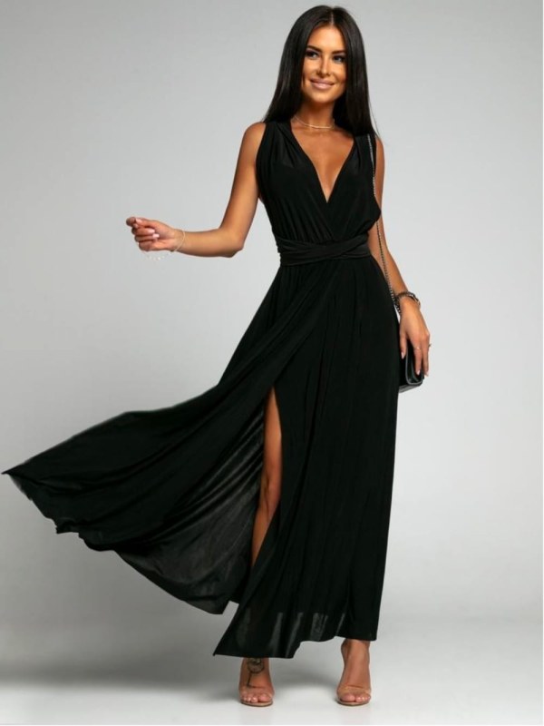 Elegantní černé maxi šaty se zavazováním - Dámské oblečení šaty