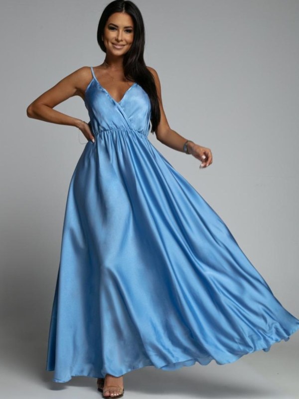 Dlouhé modré saténové šaty s ramínky - Dámské oblečení šaty