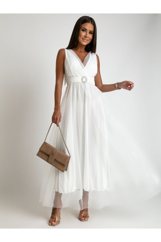 Bílé maxi šaty s tylem - Dámské oblečení šaty