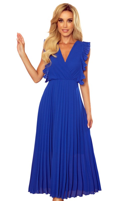 Plisované šaty s volánky a výstřihem Numoco EMILY - modré - Dámské oblečení šaty