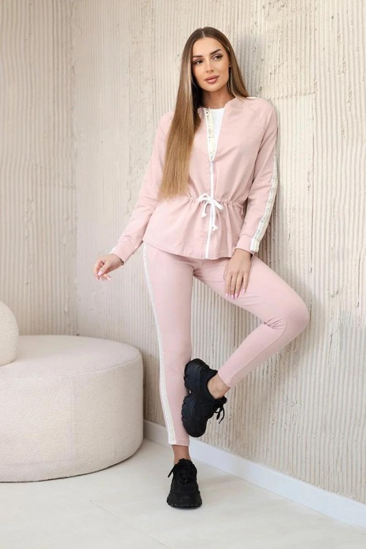 Dámská bavlněná souprava s proužky a stahovacími lemy pudrově růžová