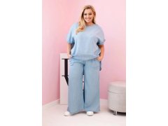 Dámská souprava Plus Size z&nbsp;tencelu halenka a&nbsp;kalhoty s&nbsp;vázáním světle džínový