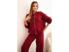 Dámský bavlněný komplet se širokými nohavicemi a&nbsp;mikinou na zip bordový